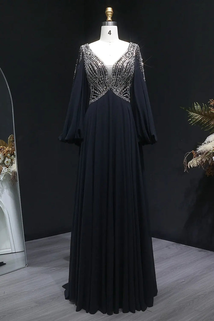 Black Chiffon V-Neck Long Sleeve A-Line Prom Dress SH146 Sheer Fairy