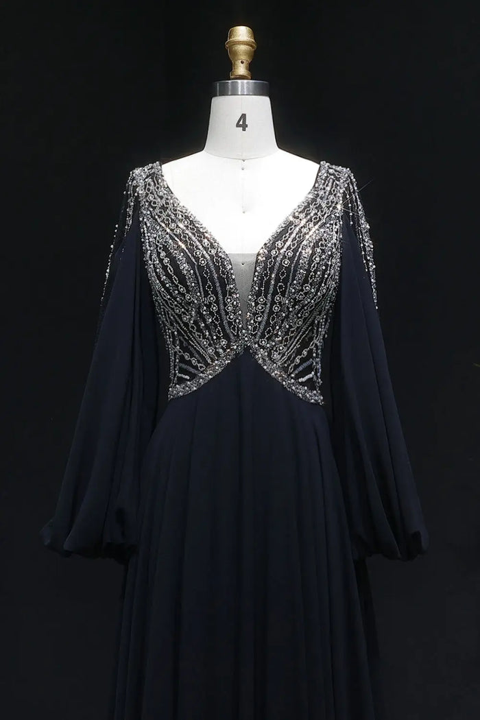 Black Chiffon V-Neck Long Sleeve A-Line Prom Dress SH146 Sheer Fairy