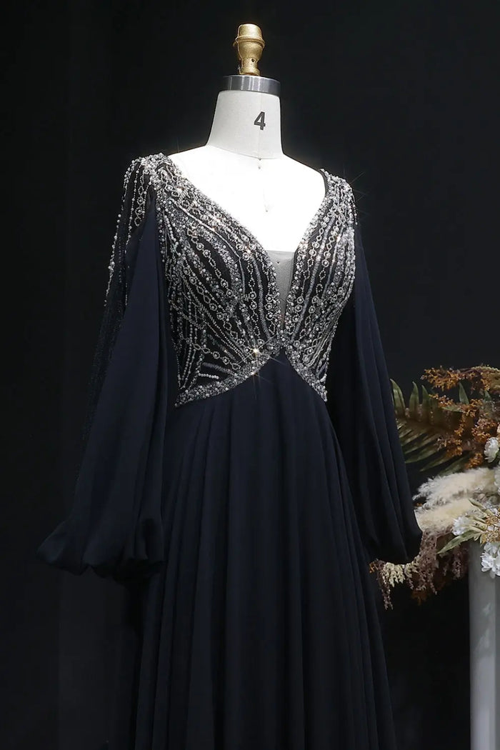 Black Chiffon V-Neck Long Sleeve A-Line Prom Dress SH146 Sheer Fairy