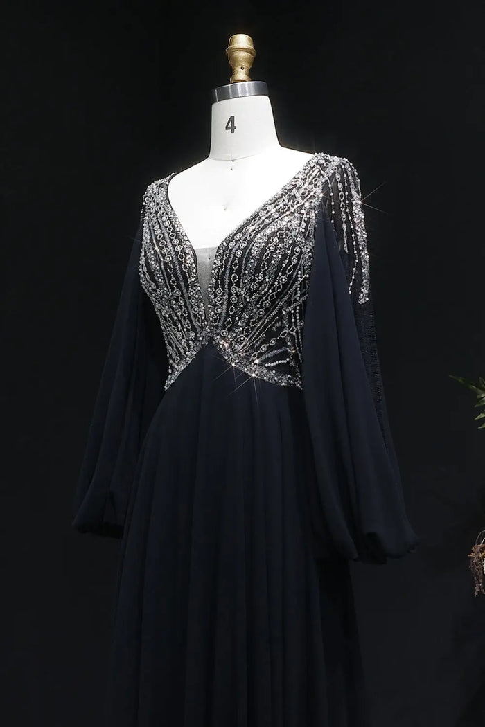 Black Chiffon V-Neck Long Sleeve A-Line Prom Dress SH146 Sheer Fairy