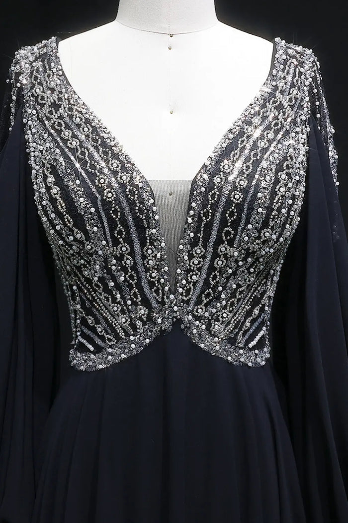 Black Chiffon V-Neck Long Sleeve A-Line Prom Dress SH146 Sheer Fairy