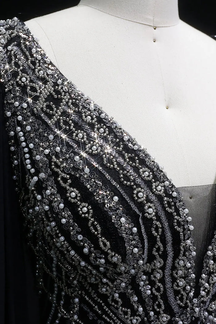 Black Chiffon V-Neck Long Sleeve A-Line Prom Dress SH146 Sheer Fairy