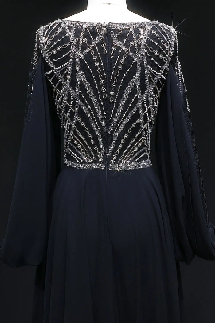 Black Chiffon V-Neck Long Sleeve A-Line Prom Dress SH146 Sheer Fairy