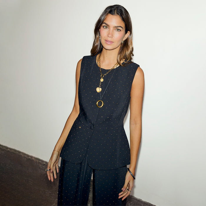 Black Hotfix Sol Waistcoat with diamond embellishments, a capsule wardrobe piece designed in London.
