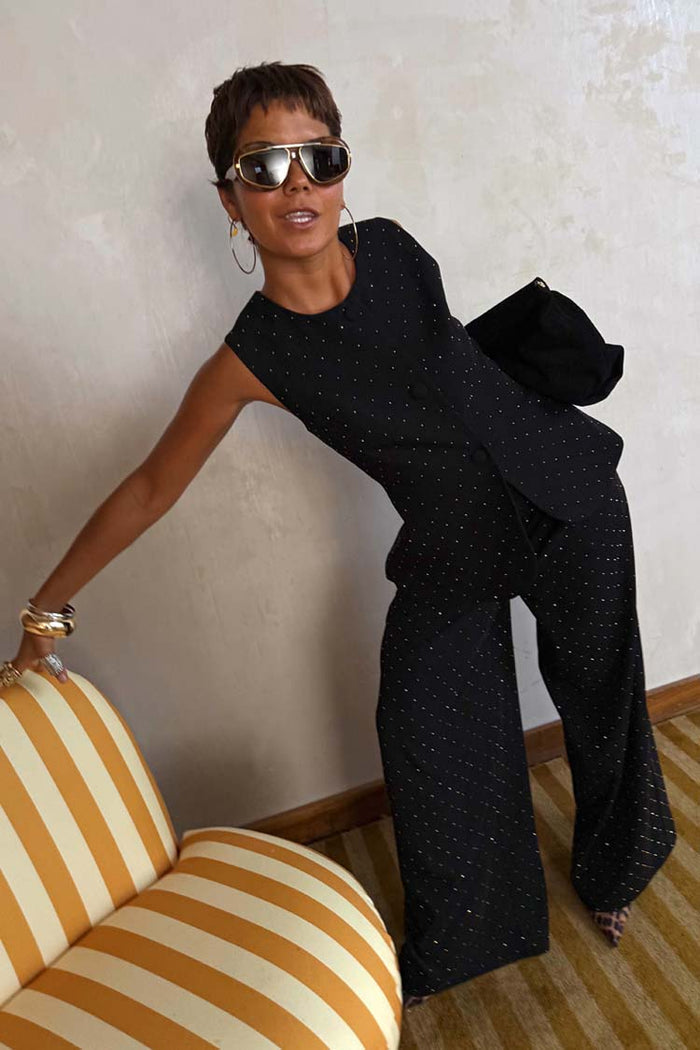 Black Hotfix Sol Waistcoat with sparkling diamond-effect embellishments and buttons, styled with matching trousers.