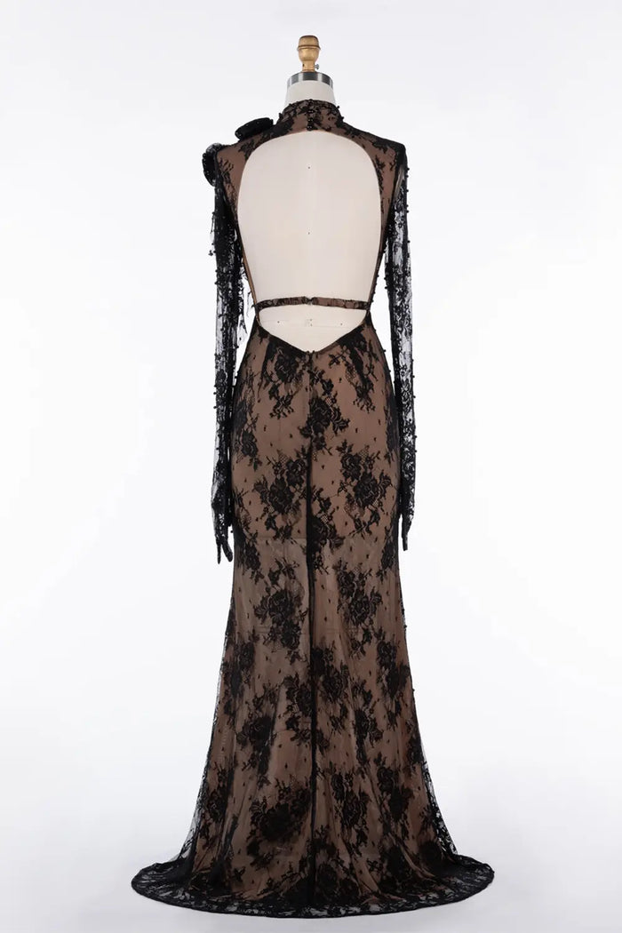 Black Lace Floral Applique Mermaid Formal Dress ST043 Sheer Fairy