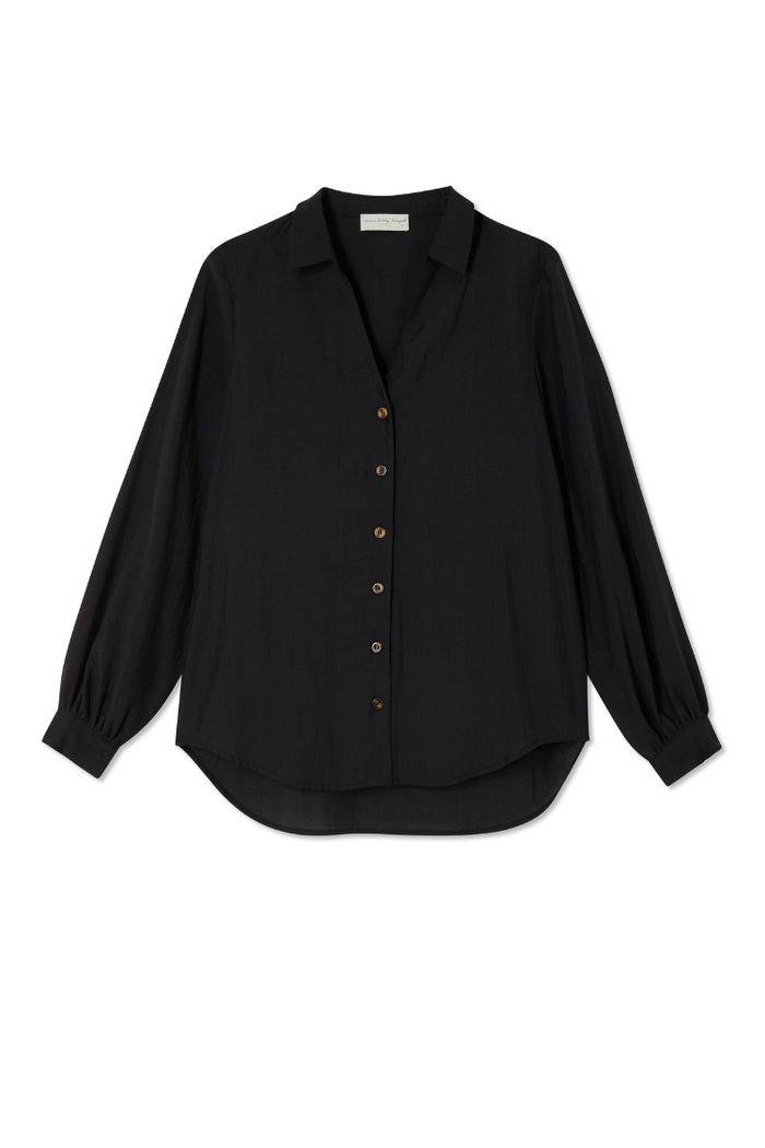 Black Miley Shirt with blouson sleeves and tortoise buttons in a lightweight, floaty silhouette.