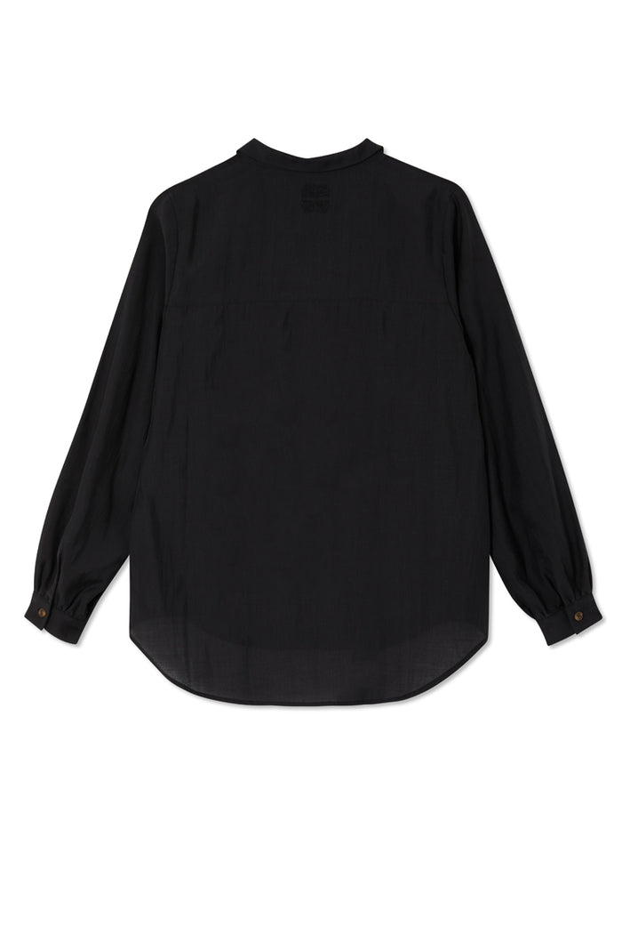 Back of the Black Miley Shirt showing blouson sleeves and an embroidered logo on the neck.