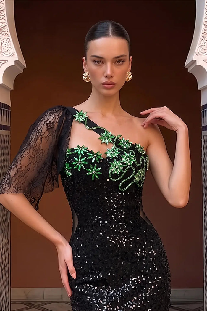 Black One Shoulder Sequin Evening Gown with Green Floral Detail ST048 Sheer Fairy