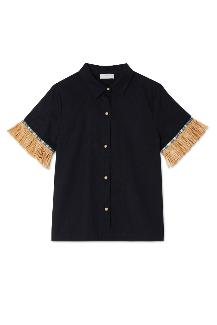 Black Raffia Shirt in a linen-blend with short sleeves, tan raffia fringe trim and crochet-style buttons.