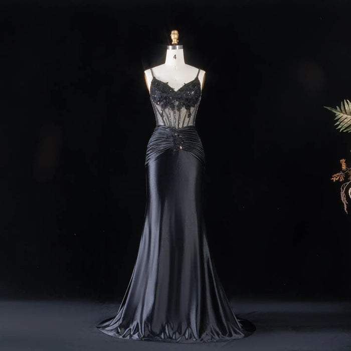 Black Satin Mermaid Luxury Beaded  Spaghetti Strap Prom Dress  Sequins Corset with ruched  SH094 Sheer Fairy