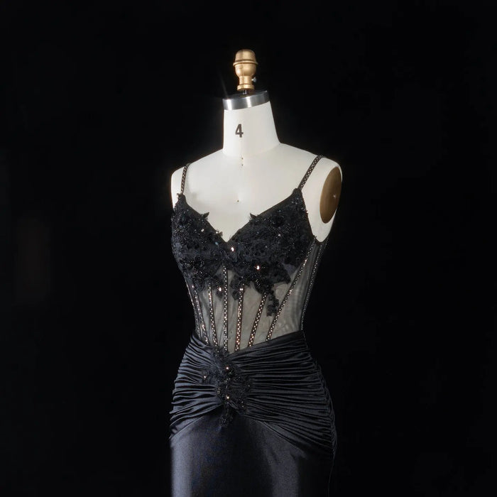 Black Satin Mermaid Luxury Beaded  Spaghetti Strap Prom Dress  Sequins Corset with ruched  SH094 Sheer Fairy