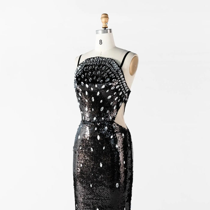 Black Sequin Spaghetti Strap Evening Dress Rhinestone Crystal Embellished Prom Dress ST016 Sheer Fairy