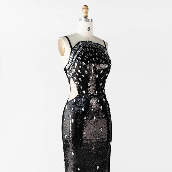 Black Sequin Spaghetti Strap Evening Dress Rhinestone Crystal Embellished Prom Dress ST016 Sheer Fairy