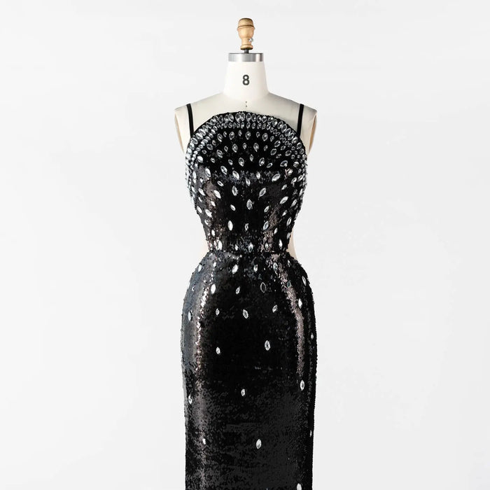 Black Sequin Spaghetti Strap Evening Dress Rhinestone Crystal Embellished Prom Dress ST016 Sheer Fairy