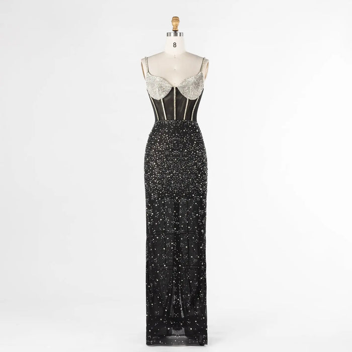 Black Sheer Boned Bustier Evening Dress with Silver Sparkle Cups Floor Length Gown ST025 Sheer Fairy