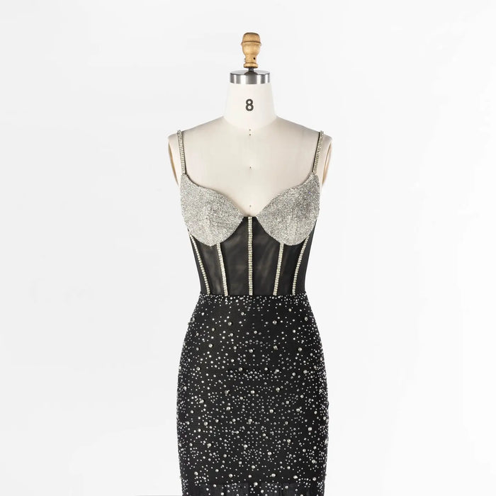 Black Sheer Boned Bustier Evening Dress with Silver Sparkle Cups Floor Length Gown ST025 Sheer Fairy