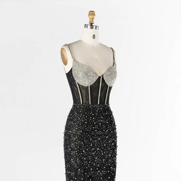 Black Sheer Boned Bustier Evening Dress with Silver Sparkle Cups Floor Length Gown ST025 Sheer Fairy