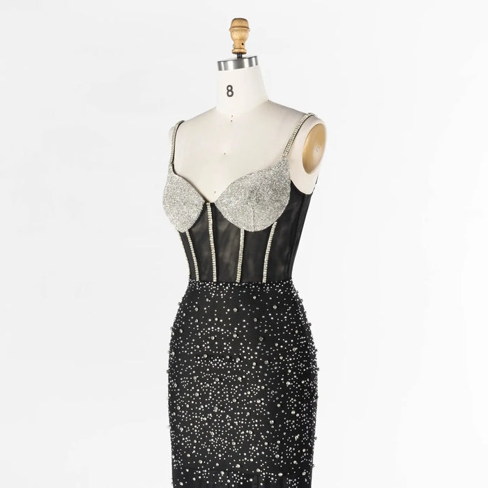 Black Sheer Boned Bustier Evening Dress with Silver Sparkle Cups Floor Length Gown ST025 Sheer Fairy