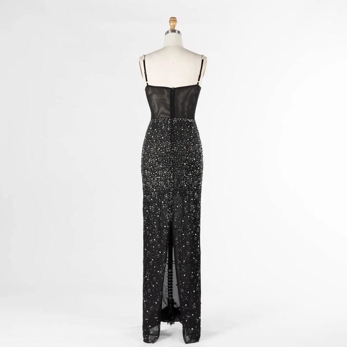 Black Sheer Boned Bustier Evening Dress with Silver Sparkle Cups Floor Length Gown ST025 Sheer Fairy