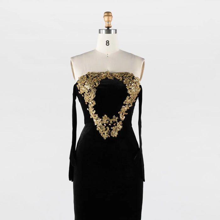 Black Velvet Strapless Evening Dress with Gold Baroque Embroidery ST030 Sheer Fairy