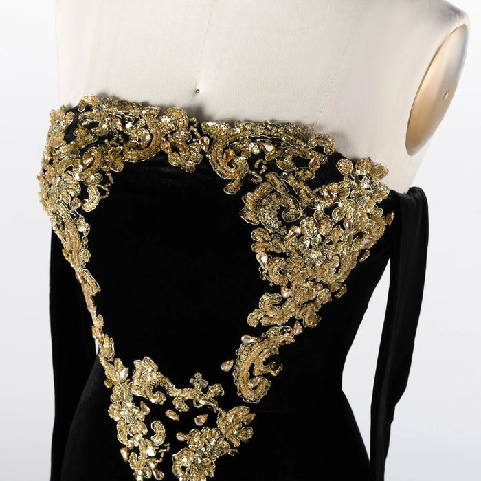 Black Velvet Strapless Evening Dress with Gold Baroque Embroidery ST030 Sheer Fairy