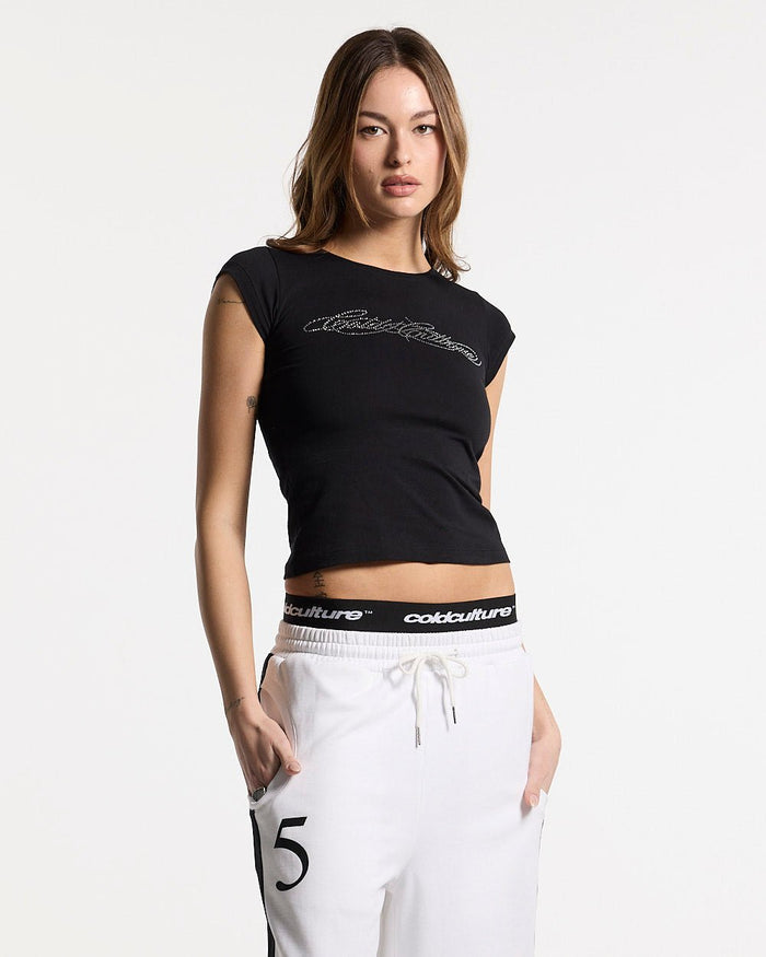 BLING BABY TEE BLACK - black fitted baby tee, front view on female model - Cold Culture #woman