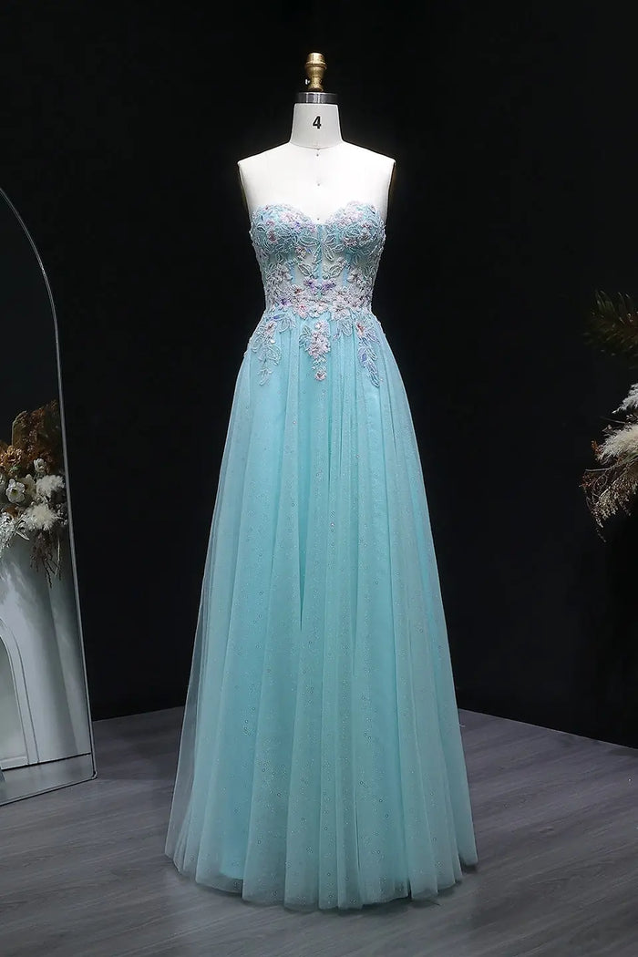 Blue Glitter Tulle Strapless Sweetheart Ballgown Prom Dress SH119 Sheer Fairy