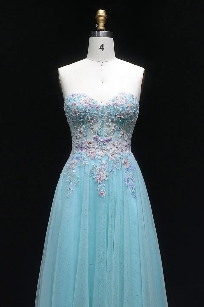 Blue Glitter Tulle Strapless Sweetheart Ballgown Prom Dress SH119 Sheer Fairy