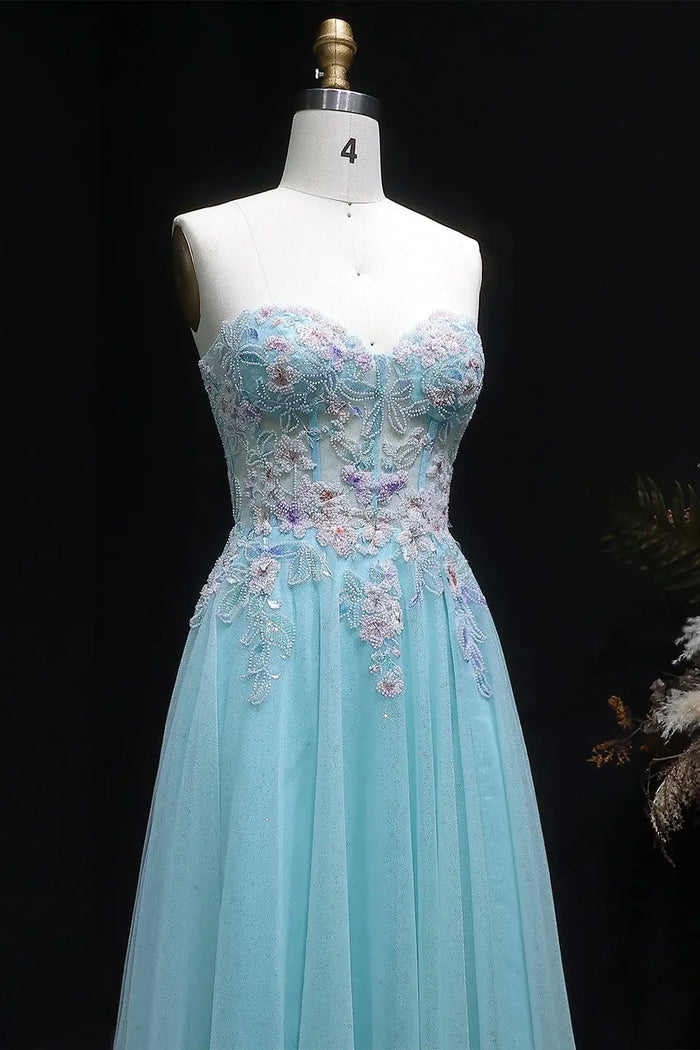 Blue Glitter Tulle Strapless Sweetheart Ballgown Prom Dress SH119 Sheer Fairy