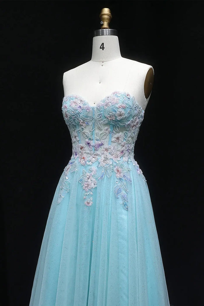 Blue Glitter Tulle Strapless Sweetheart Ballgown Prom Dress SH119 Sheer Fairy