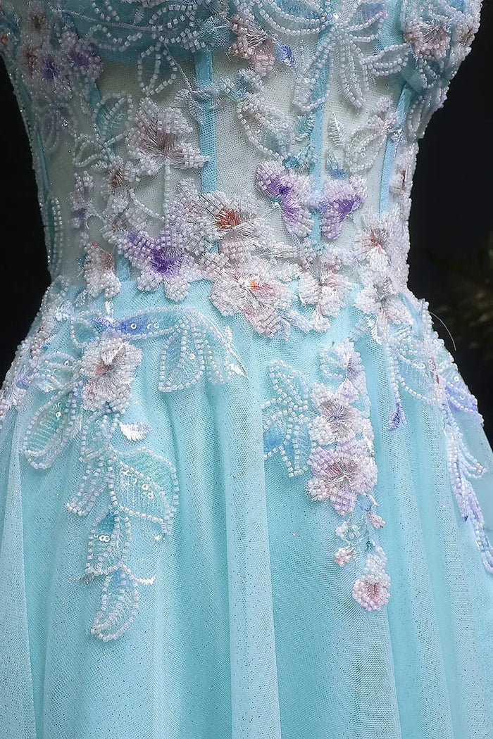 Blue Glitter Tulle Strapless Sweetheart Ballgown Prom Dress SH119 Sheer Fairy