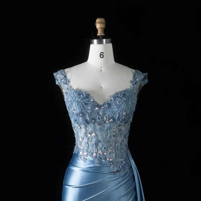 Blue Satin Mermaid Prom Dress Sweetheart Luxury Beaded Ruched Hip  SH092 Sheer Fairy