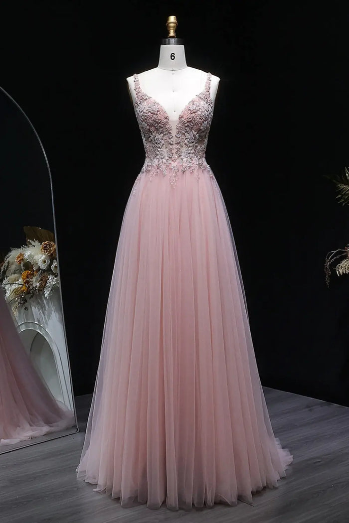Blush Tulle V-Neck A-Line Prom Dress with 3D Lace SH139 Sheer Fairy