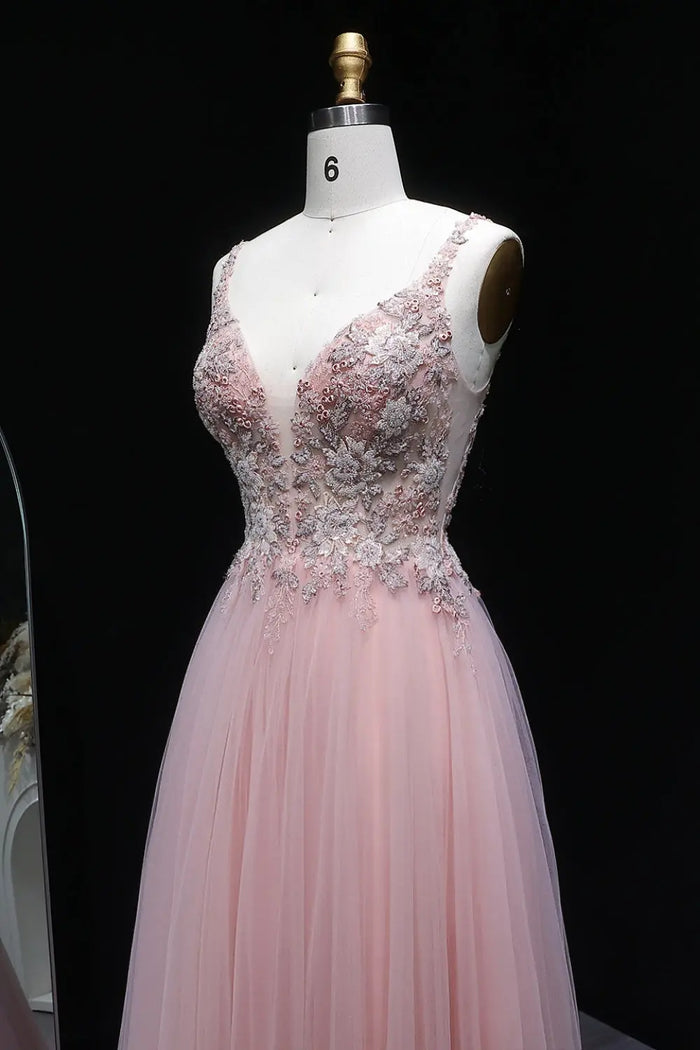 Blush Tulle V-Neck A-Line Prom Dress with 3D Lace SH139 Sheer Fairy