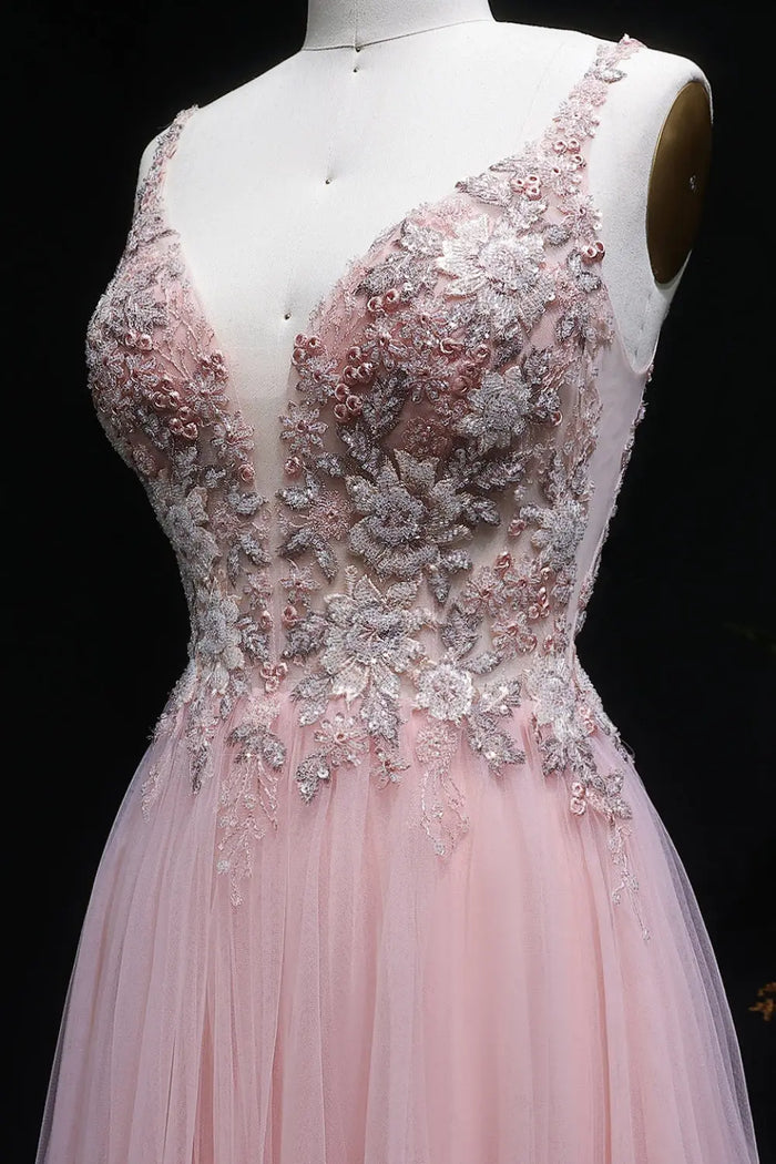 Blush Tulle V-Neck A-Line Prom Dress with 3D Lace SH139 Sheer Fairy