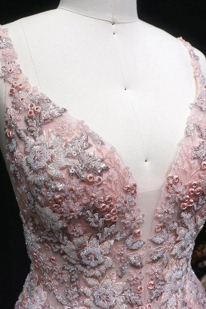 Blush Tulle V-Neck A-Line Prom Dress with 3D Lace SH139 Sheer Fairy