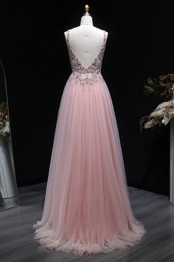 Blush Tulle V-Neck A-Line Prom Dress with 3D Lace SH139 Sheer Fairy