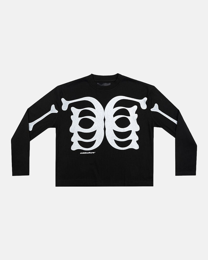 BONEY LONGSLEEVE BLACK - black skeleton print longsleeve tee, front view - Cold Culture