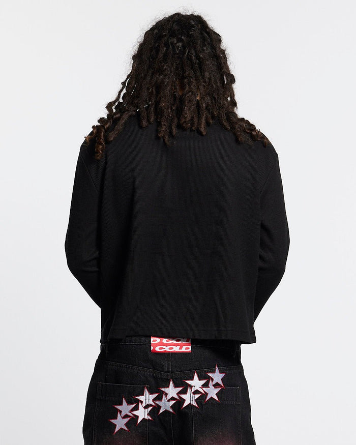 BONEY LONGSLEEVE BLACK - black skeleton print longsleeve tee, back view on male model - Cold Culture #man