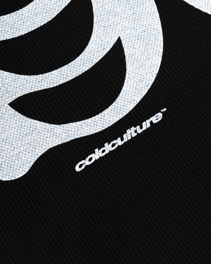 BONEY LONGSLEEVE BLACK - black skeleton print longsleeve tee, detail close-up - Cold Culture