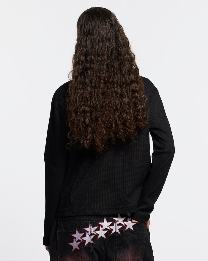 BONEY LONGSLEEVE BLACK - black skeleton print longsleeve tee, back view on female model - Cold Culture #woman