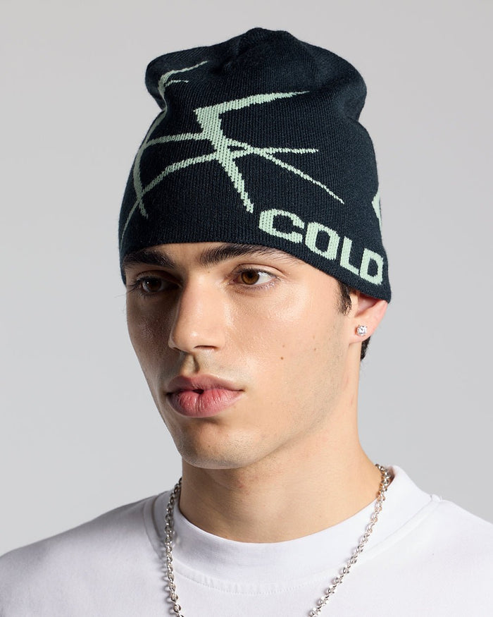 BRAMBLES BEANIE DARK BLUE - dark blue knit beanie, on model close-up - Cold Culture #man