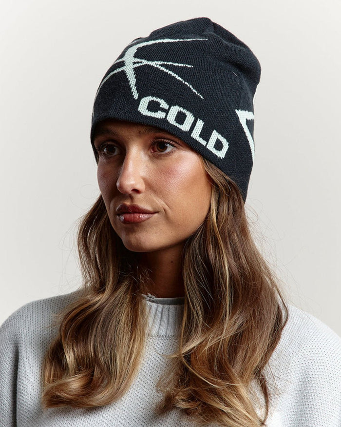 BRAMBLES BEANIE DARK BLUE - dark blue knit beanie, on model close-up - Cold Culture #woman