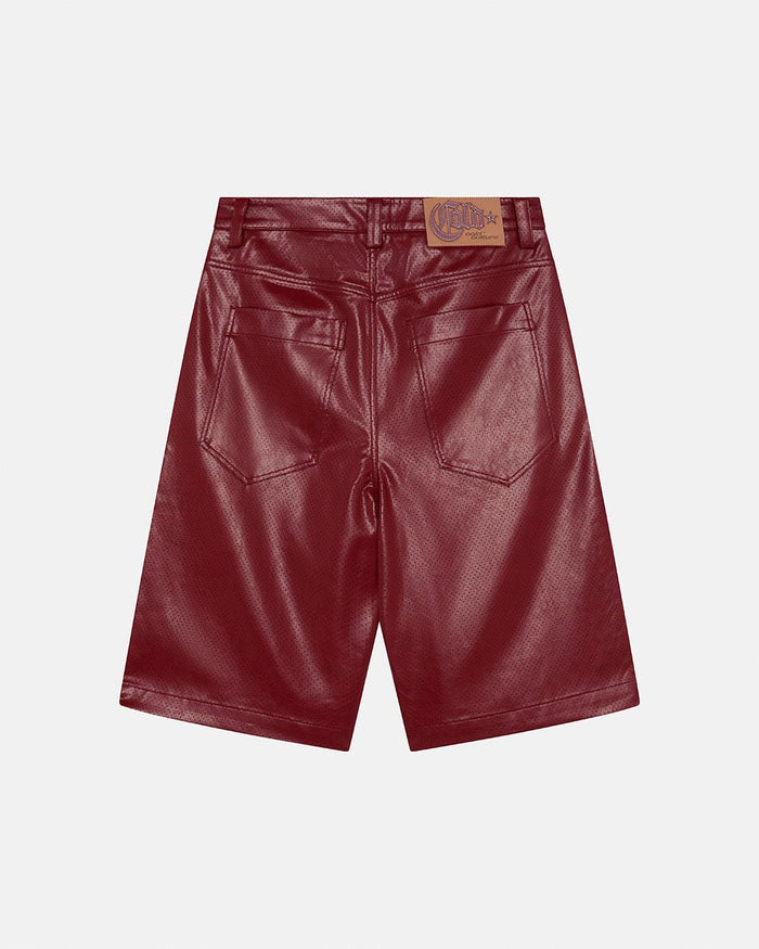 BRAVE SHORT BURGUNDY - burgundy perforated leather shorts, back view - Cold Culture