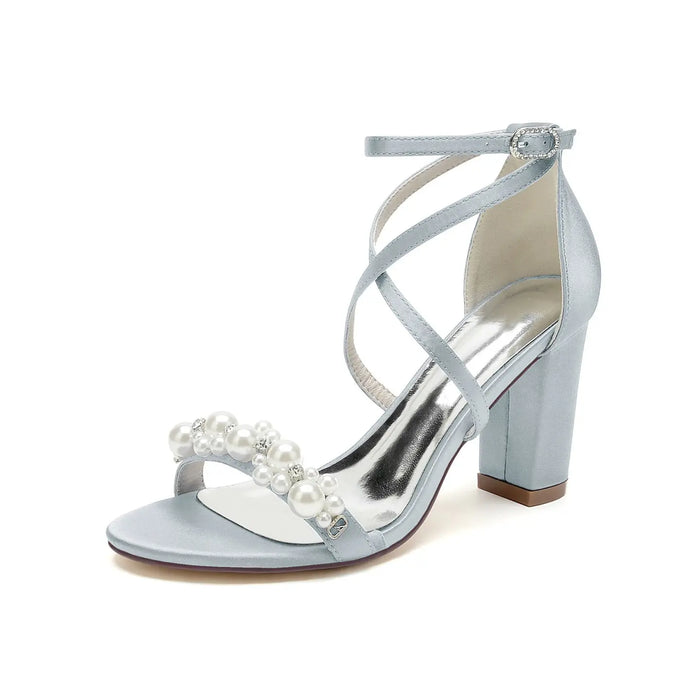 Bridal Pearl Decorated Crisscross Strap High Heel Sandals for Wedding HH023 Sheer Fairy