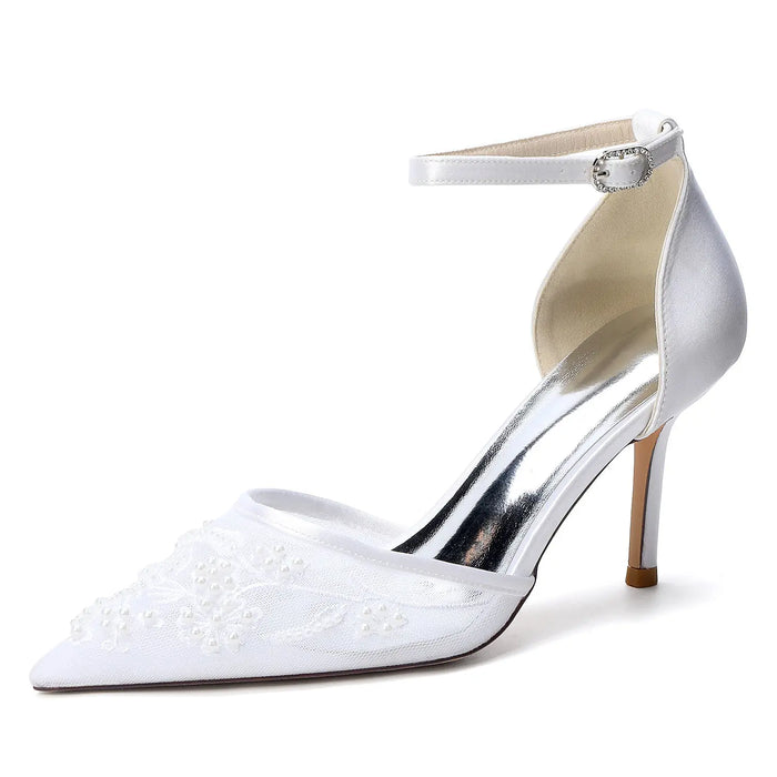 Bridal Pointed Toe High Heels with Floral Pearl Embellishments for Wedding HH024 Sheer Fairy