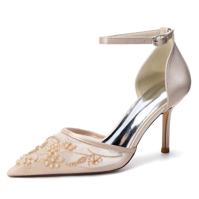 Bridal Pointed Toe High Heels with Floral Pearl Embellishments for Wedding HH024 Sheer Fairy