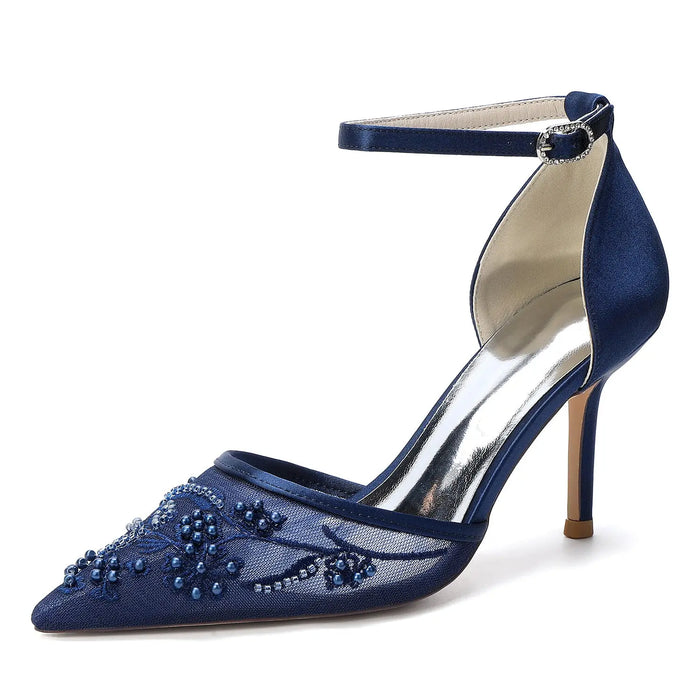 Bridal Pointed Toe High Heels with Floral Pearl Embellishments for Wedding HH024 Sheer Fairy
