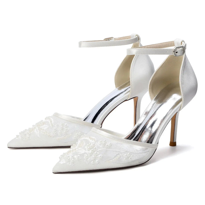 Bridal Pointed Toe High Heels with Floral Pearl Embellishments for Wedding HH024 Sheer Fairy
